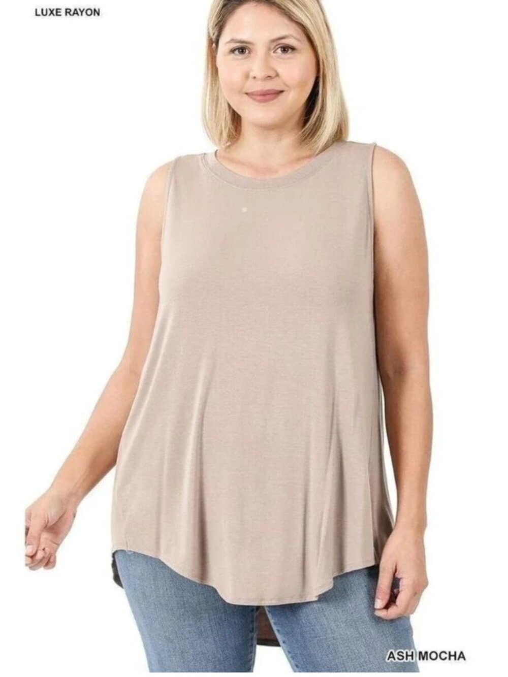 Women's Plus Tank Top Zenana Hi Low Rayon Light Cream Ash Mocha !X - Picture 2 of 5